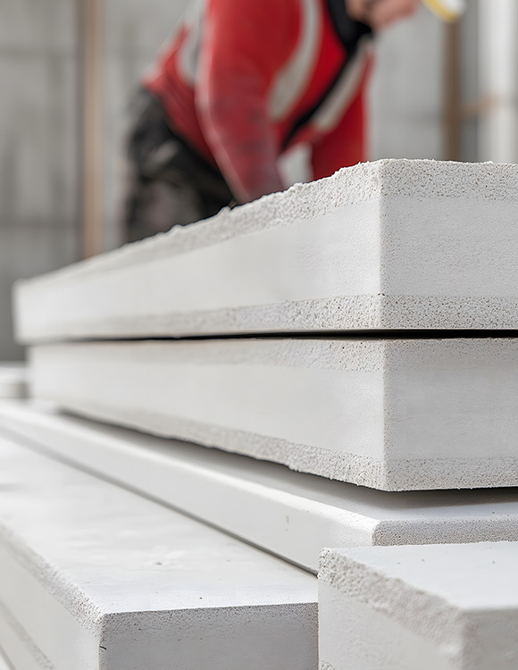 construction worker arranging large white concrete slabs in a building site setting using 7 materials for efficient construction